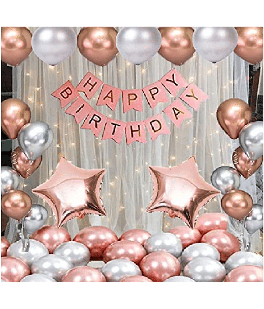Jolly Party   rosegold silver Happy Birthday Decoration Combo Kit with Banner, Balloons,star Foil 33pcs for Birthday Decoration
