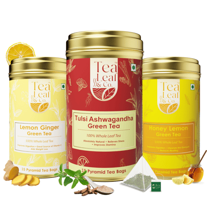 Tulsi Ashwagandha + Honey Lemon + Lemon Ginger Pyramid Green Tea Combo 45 Pyramid Tea Bags Pack of 3