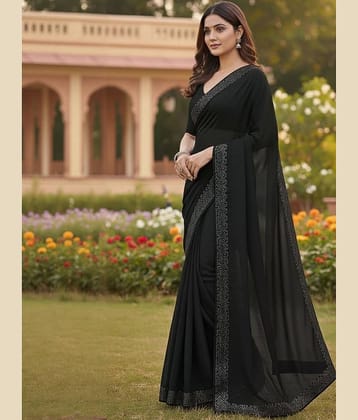 Vkaran Georgette Solid Regular Saree With Unstitched Blouse Piece ( Black )