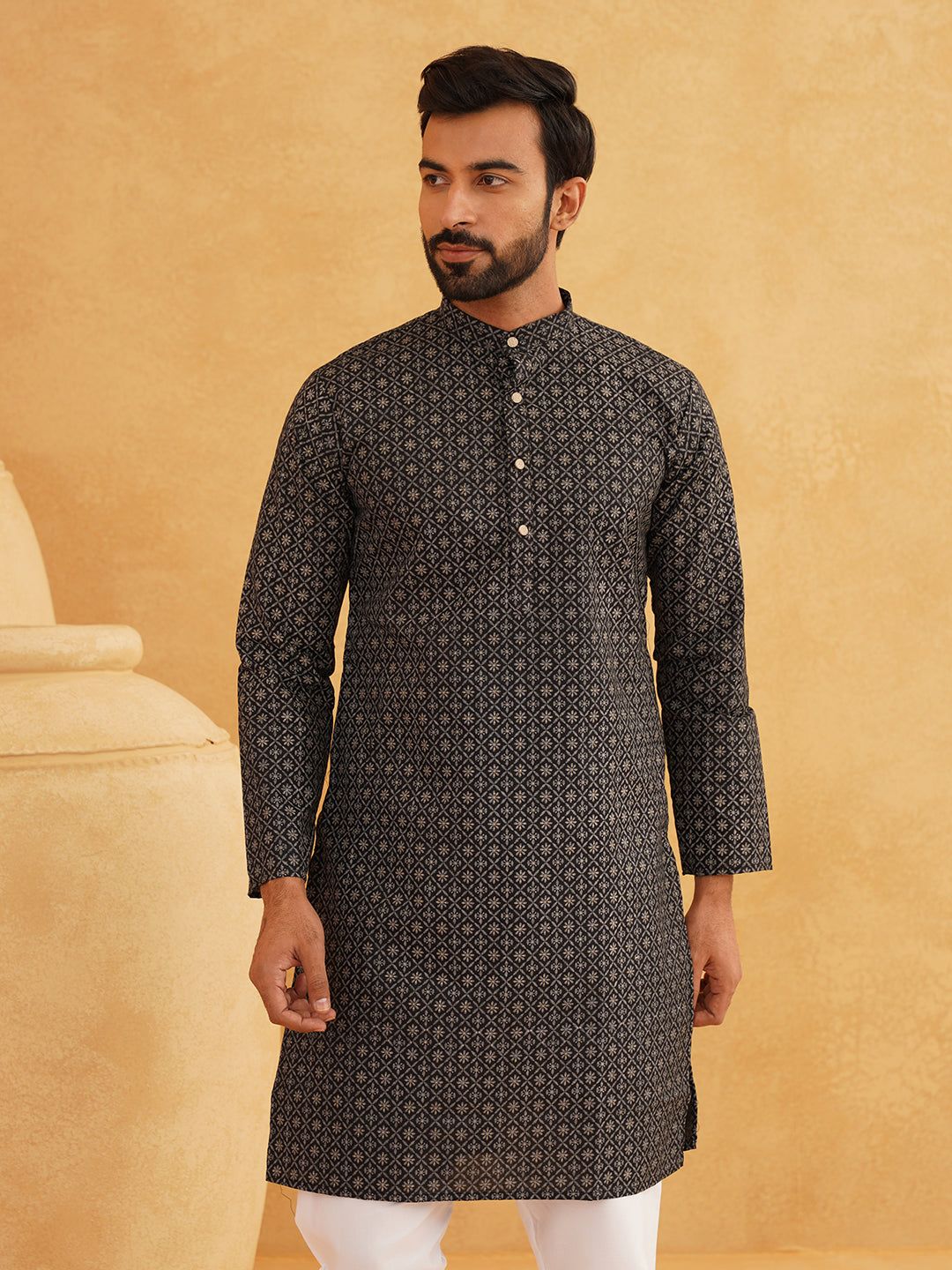 Men's Cotton Linen Foil Printed Black Long Kurta-36