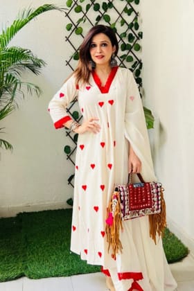 Cotton Printed Heart Lace Work Set-S
