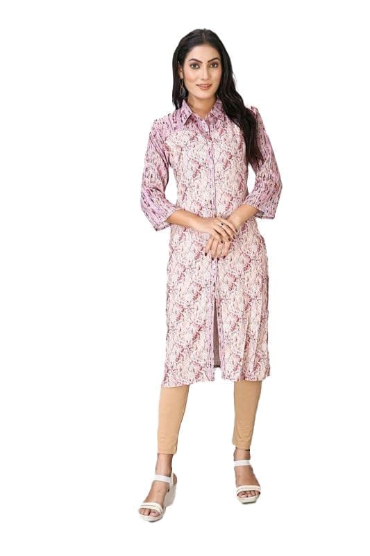 Women's Casual 3/4 Sleeve Viscose Rayon Printed Kurti (Pink, 2XL)-PID46417