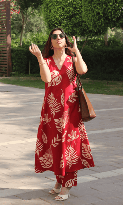 Cotton Red Big Leaf Sleeveless A line Kurta & Pants Coord-XXS