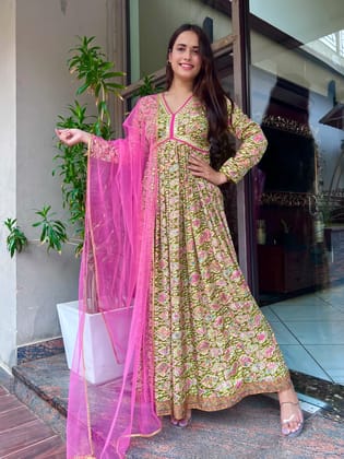 Green & Pink Alia Cut Suit Set-S / Silk Viscose / Alia Cut