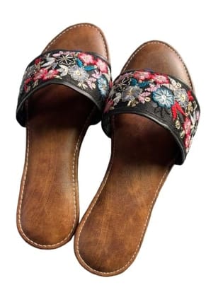 TULIP Traditional Artisians' Upliftment Livelihood Program Jaipuri chappal open toe Women's Embroidered Floral Slide Sandals, Black with Red flower Faux Leather, Flat Slip-On Footwear
