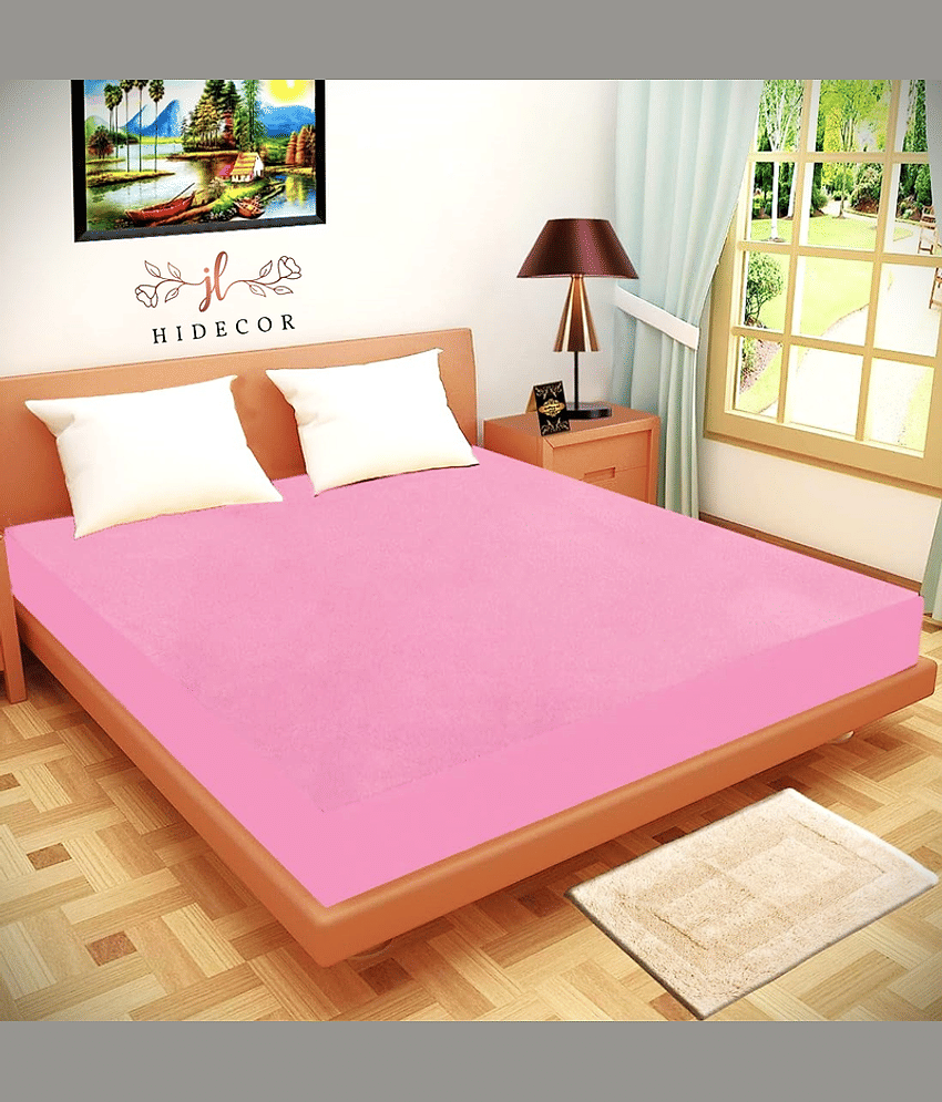HIDECOR - Cotton Terry Water Proof Double King Size Mattress Protector - 198 cm (78") x 183 cm (72") - Pink