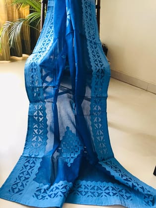 Midnight Organdy Cotton Saree Applique Work Navy Blue