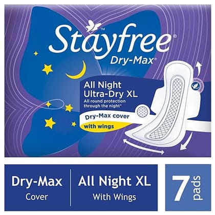 Stayfree Sanitary Pads - Dry-Max All Night Ultra-Thin Xl, With Wings, 7 Pads Pouch