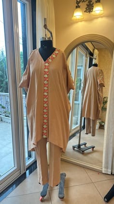 Beige Cotton Linen Kaftan Kurta Set-XXS