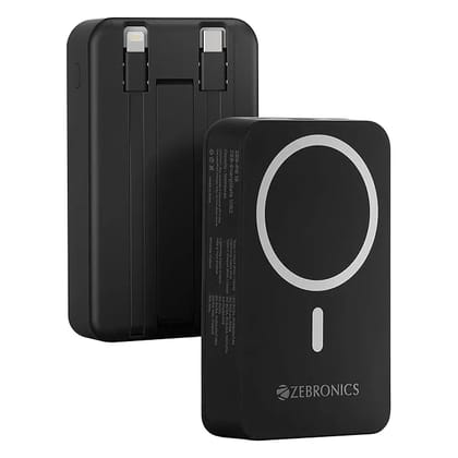 ZEBRONICS EnergiSafe 10R2 || 10000mAh MagSafe Wireless Power Bank | 15W Wireless & 22.5W PD (PPS) Fast Charging | Built-in Stand | Type-C & Lightning Cable | 5 Outputs | for iPhone & AirPods (Black)