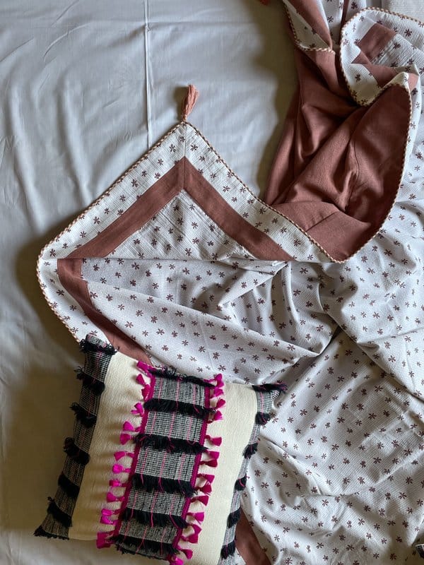 KRI India Bloom Blush Flora Dohar With Tassels|Single;Set of 2 | White & Blush Pink &| 60x90 inches | Wash & Care | 100% Cotton | Handcrafted in India. 100% organic & natural.