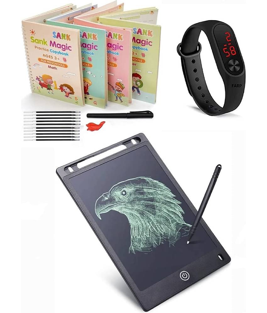 Combo Of 3 Pack - Sank Magic Practice Copy book & LCD Writing Tablet slate & LED Band Watch Digitel Multicolor By Vinay Book Store