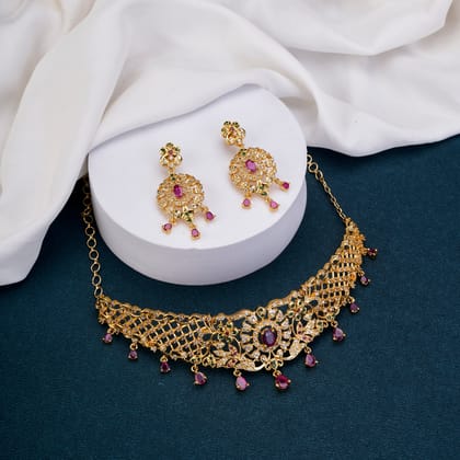 Delight Choker Necklace-Red-Green / Gold Plated