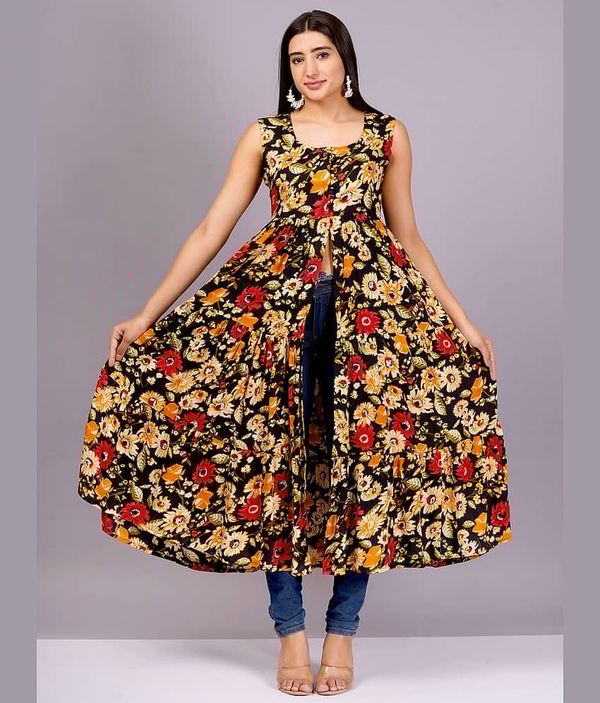 HIGHLIGHT FASHION EXPORT Women Rayon Printed Fit & Flare Dress ( Black )