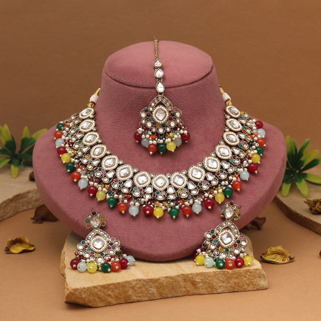Vibrant Multi Color Kundan Necklace Set-Necklace Length: 22.00 CM x Width: 4.00 CM / Multi / Alloy With Good Quality Gold Plated