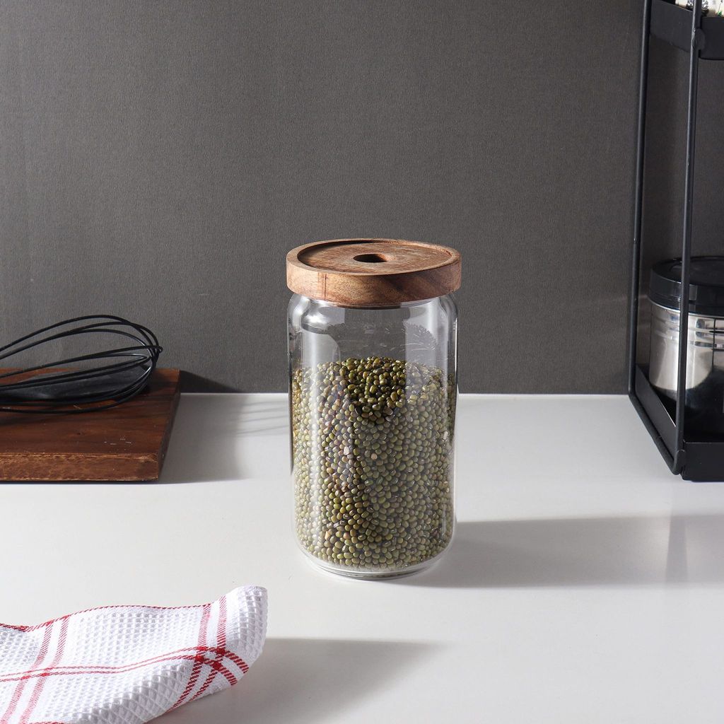Femora Borosilicate Glass Jar with Bamboo Lid Air-700 ml, Tight Jar, 1pc
