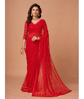 VANRAJ CREATION Brasso Self Design Saree With Unstitched Blouse Piece ( Red )