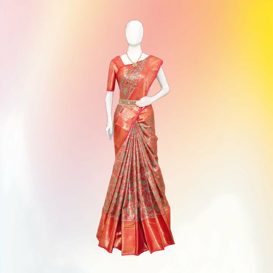 Traditional Red Pattu Silk Saree with Floral Motifs | Rich Zari Border | Festive & Wedding Wear