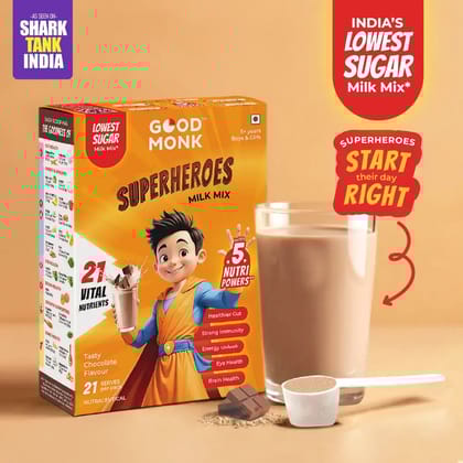 Good Monk Superheroes Milk Mix (Chocolate): Improves Energy, Immunity, Brain, Eye & Gut Health-21 Serves