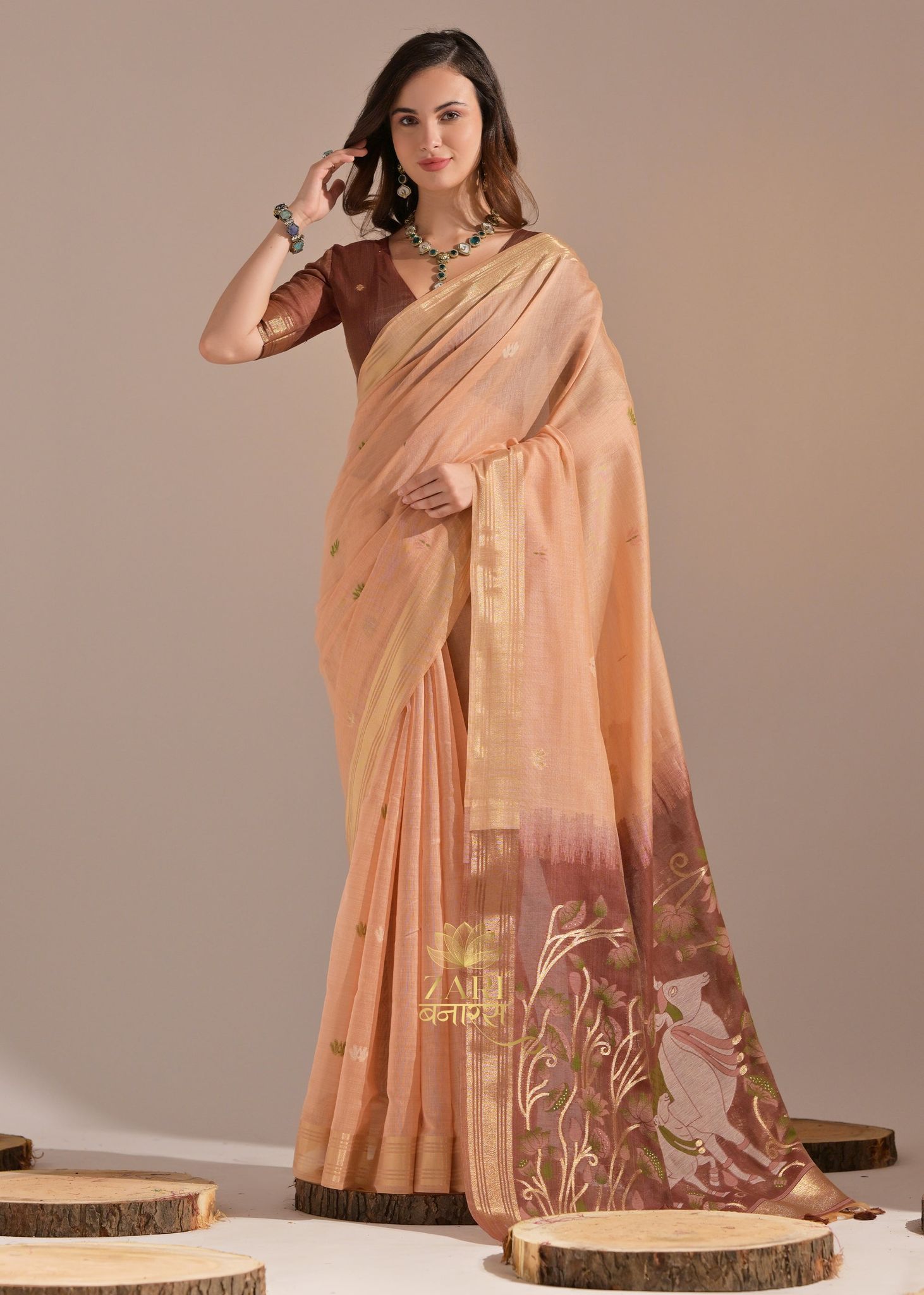 Plum Peach Woven Cotton Silk Saree