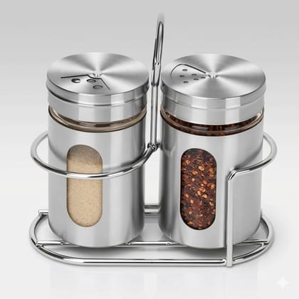 Spring By LA'FORTE Stainless Steel & Glass Salt Pepper Shaker Spice Jars with Stand for Oregano, Chilli Flakes, Sugar, Seasoning Sprinkler | Dining Table Masala Box