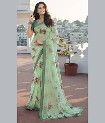 SARIK  FASHION Chiffon Printed Saree With Unstitched Blouse Piece ( Light Green )