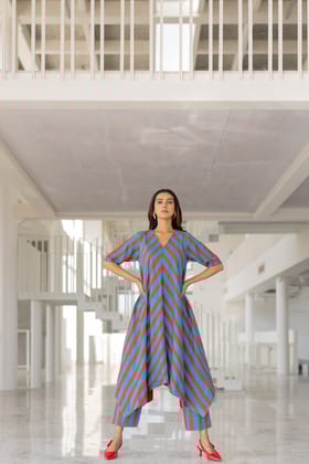 Poppy and Blue Stripe Kurta Set-S