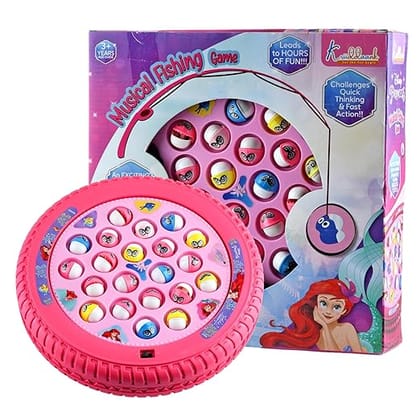 Princess Medium Musical Fishing Game Fish Catching Board Game Toy 21 Fishes with Medium Round Pond & 4 Fish Catching Sticks for Kids