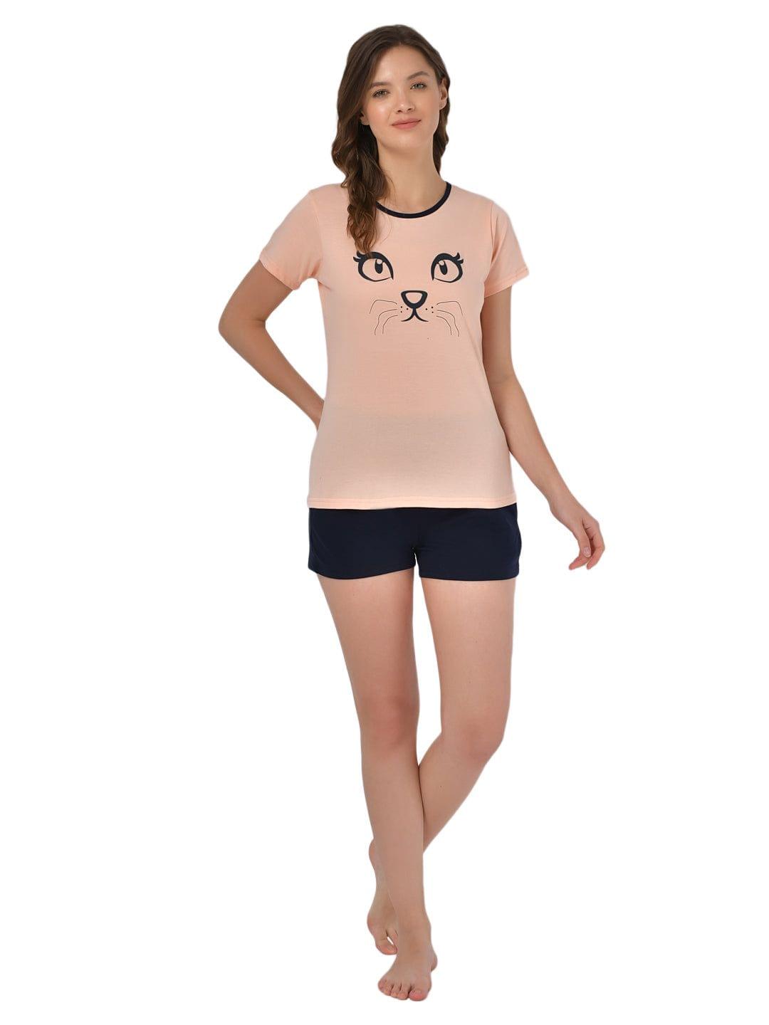 Klamotten Women's Peach Blue Graphic Printed Top Shorts Set GM03H