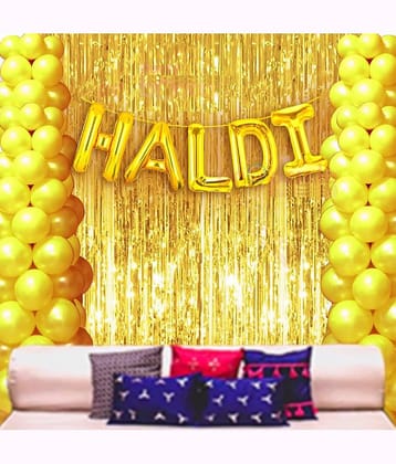 PartyBooms Haldi Foil Decoration item, 2 Gold Curtains, 50 pcs Yellow Balloons Ceremony Decoration Combo (Pack of 53)