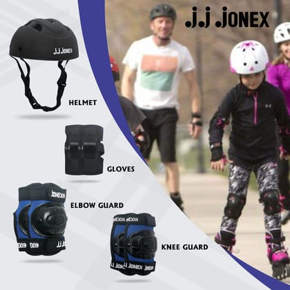 JJ Jonex Skating Guard, Protective Skating Guard Kit | Skate, Cycling Protection Set | Multi Sport Gear for Children Age 5-16 Years, Helmet Elbow Guards Knee Caps & Hand Gloves (Black-Blue, Large)