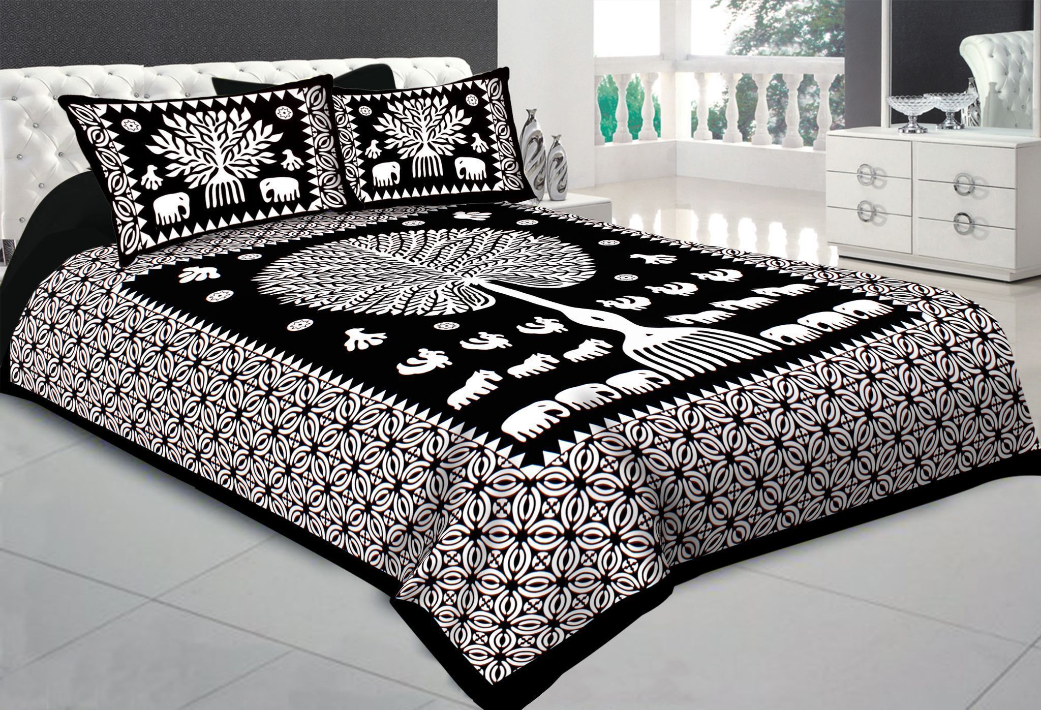 3001-Hometrade India-Standard King Size (90*108 Inches)-Pure Cotton Jaipuri Double Bedsheet With Matching Pillow Cover