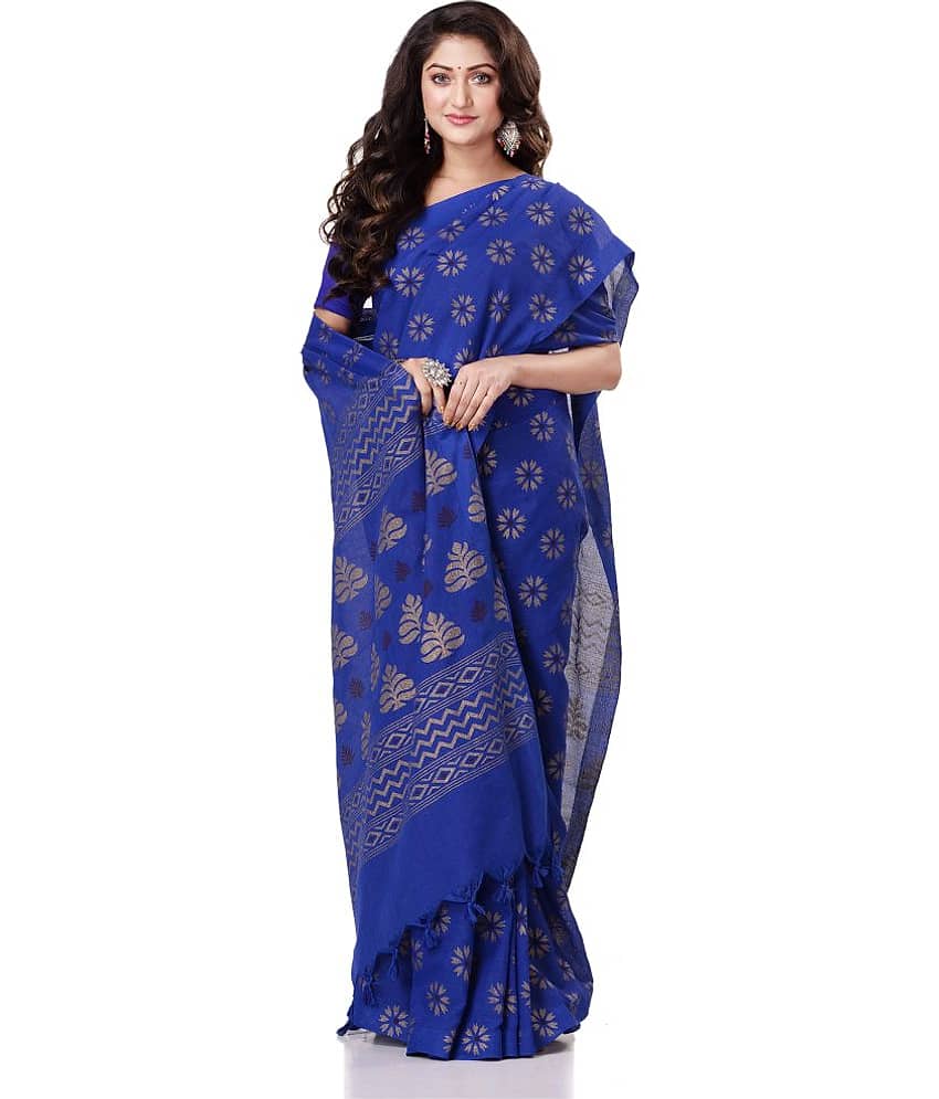 Desh Bidesh Cotton Self Design Saree With Unstitched Blouse Piece ( Blue )