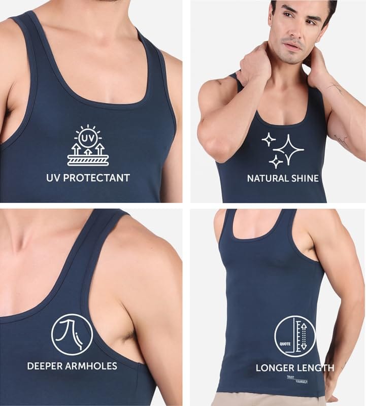 Freecultr Cotton Vest for Men Sleeveless Lightweight Solid Round Neck Comfort Vests Breathable & Comfortable Innerwear Sando for Man Regular Fit Pack of 1-Navy