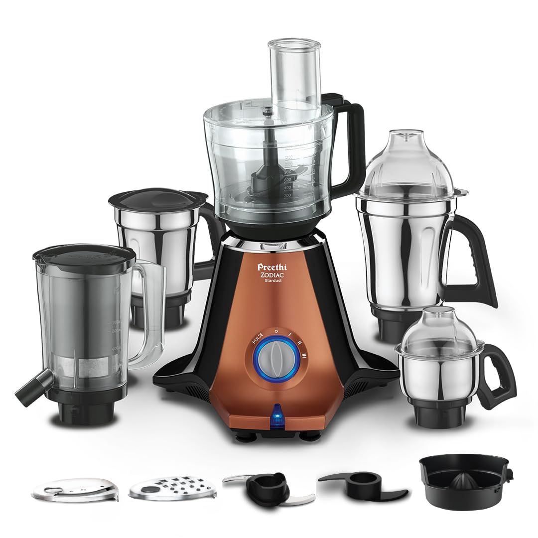 Preethi Zodiac Stardust 750 Watts Mixer Grinder, 5 Jars (1 Food Processor Jar, 3 Stainless Steel Jars, Juicer Jar), Atta Kneading, Powerful Grinding, 2 Year Warranty, Lifelong Free Service, Copper Preethi Zodiac Stardust 750 Watts Mixer Grinder, 5 Jars (