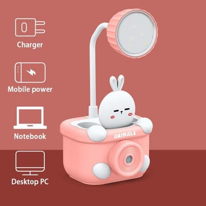 Led Desk Lamp Pencil Sharpener Cartoon Animal Bunny Table Lamp Pen Holder Student Usb Eye Protection Reading Light-pink
