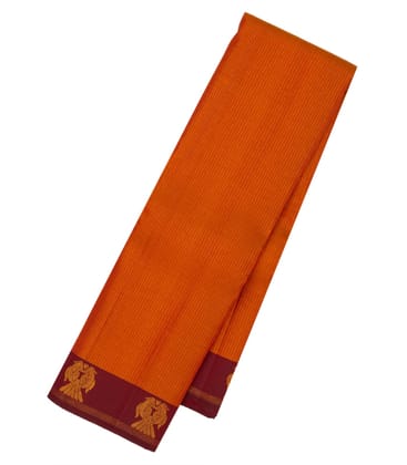 Orange Handloom Korvai Kanchipuram Silk Saree With Zari Stripes-Orange