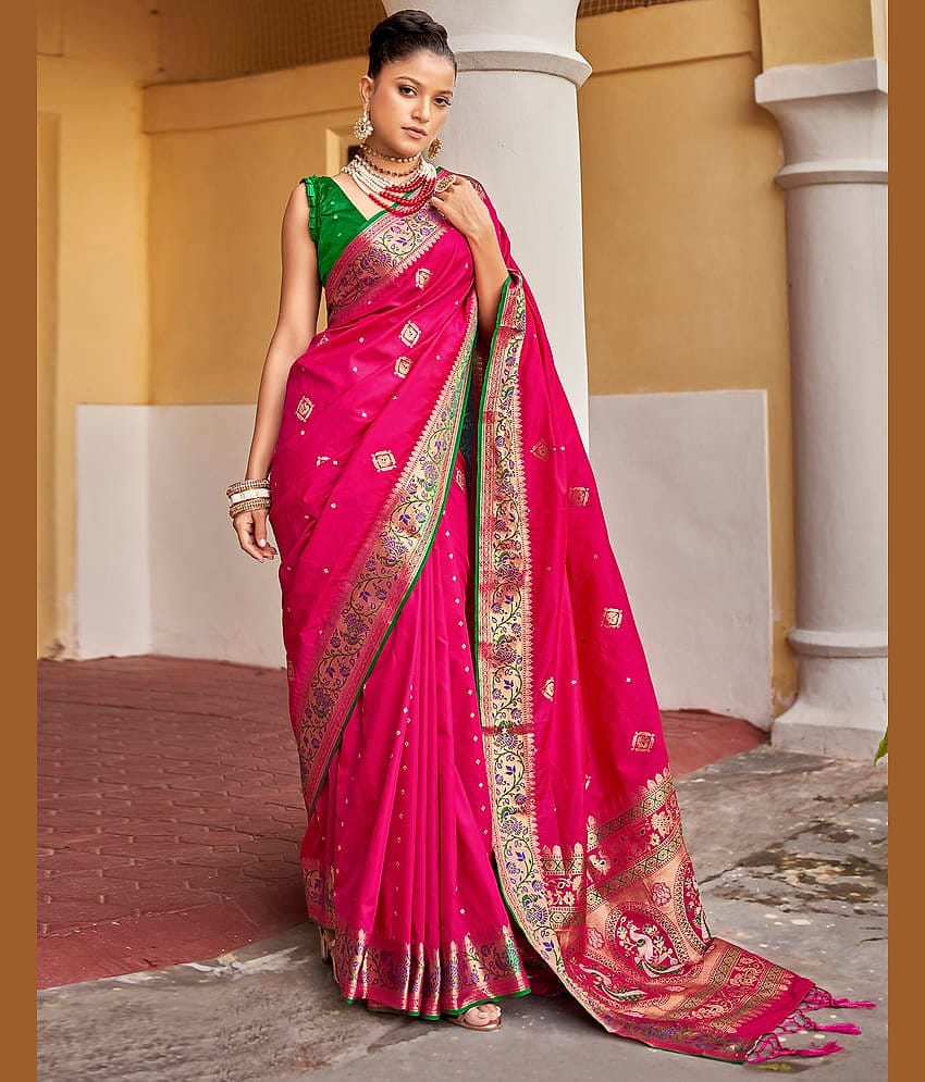 Satrani Silk Blend Woven Saree With Unstitched Blouse Piece ( Fluorescent Pink )
