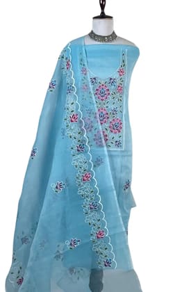 Kota Doria Dress Material Sky Blue Floral Bouquet