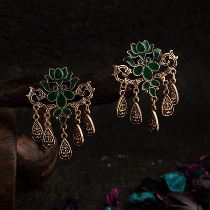 Gold Plated Lotus Designed Enamel Artwork Fashion Antique Earring- AER 1569