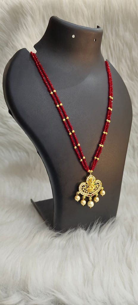 Traditional Indian Gold Plated Temple Pendant Necklace Set with Red Beads