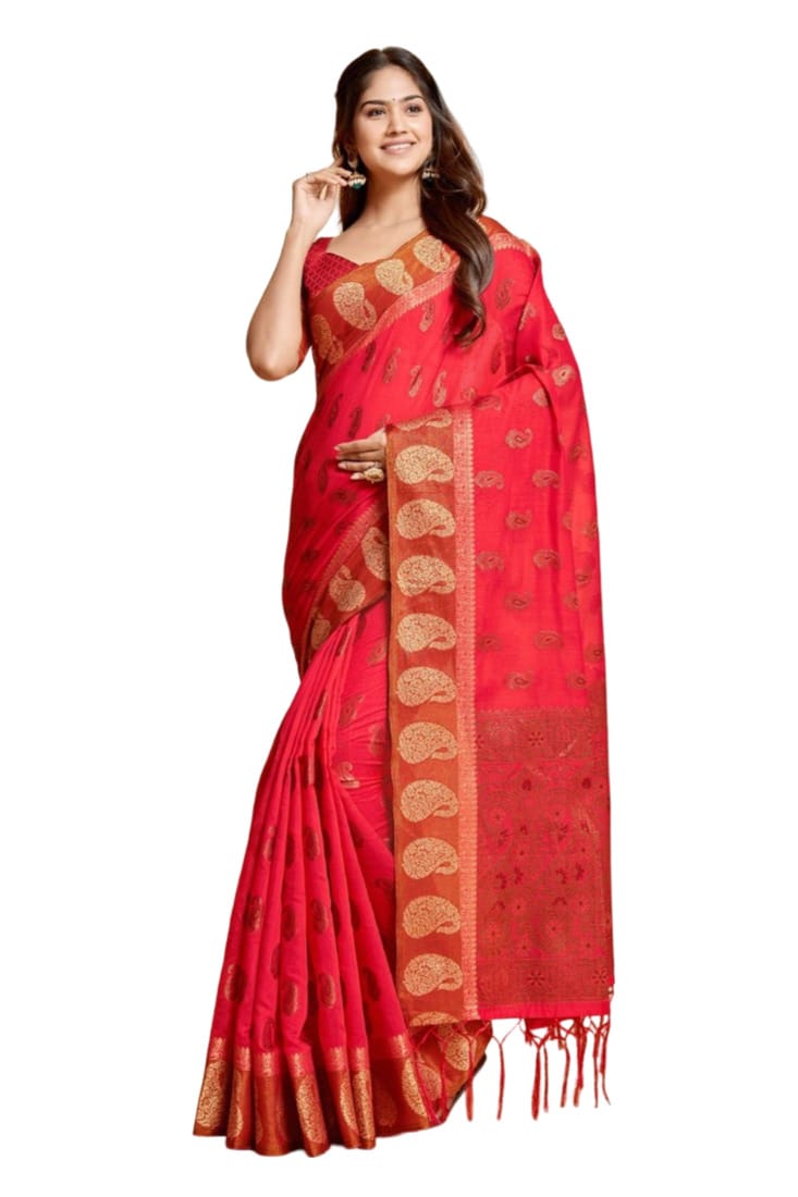 Women's Chanderi Cotton Printed Saree with Unstitched Blouse (Pink, 5-6 Mtrs)