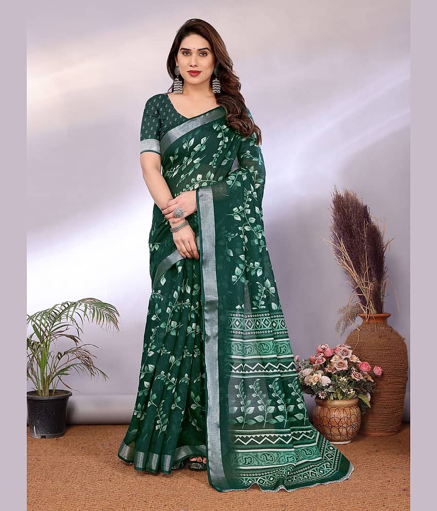 HEMA SILK MILLS Linen Printed Regular Saree With Unstitched Blouse Piece ( Green )