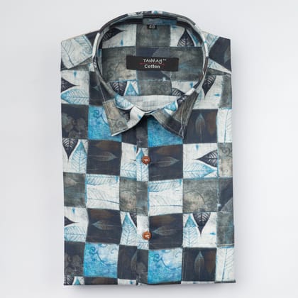 Blue Black Color Leaf Moroccan Printed Shirt For Men's-M (38 Inch) (98 CM)