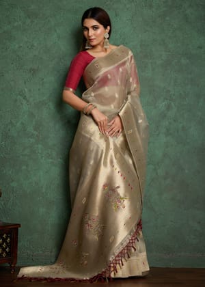 Silver Shine Woven Banarasi Tissue Saree With Meenakari Butas