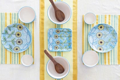 Hand Block Printed Mustard Cotton Table Runner - 13x60-100% Cotton Canvas / 13 Inches x 60 Inches / 1ft x 5ft / Yellow, Mustard, Blue