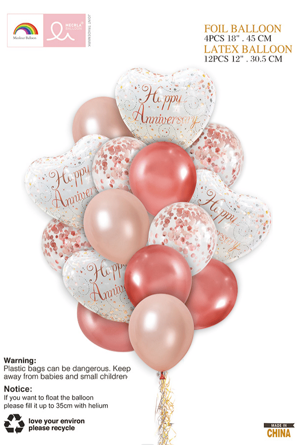 Happy Anniversary Rose Gold Balloon Set - 16PC