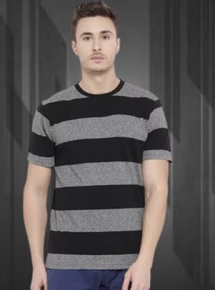 Men's Premium Poly Cotton Black and Grey Striped Half Sleeve T-Shirt, Stylish Casual Wear Round Neck Tee Color - Grey, Size - M