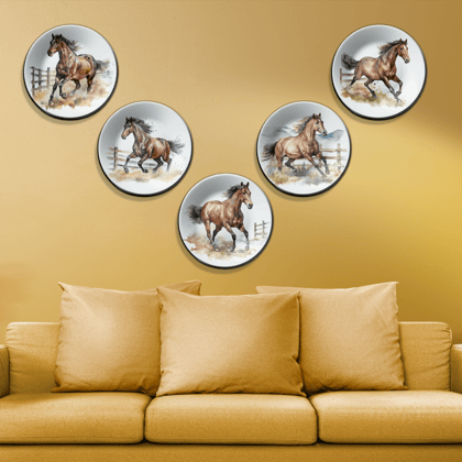 Set of 5 Running Horses Art Wall Plates Décor-8 Inches