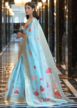 Sky Blue Woven Banarasi Linen Silk Saree